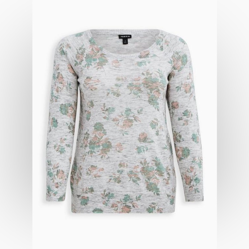 Torrid Pullover Scoop Neck Raglan Sweater - Heather Gray Floral 1X (14-16)